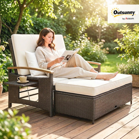 Woman reading on Rattan Outdoor Daybed With Storage Ottoman And Four In One Functionality Adjustable Backrest In Four