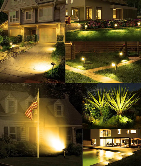 Illuminated yards and paths with Ultra Dope Solar Outdoor Spotlight Set, 700 Lumen IP68 Waterproof Yard Lights in use.