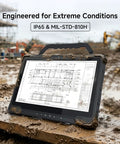 Badass Windows Rugged Tablet 14 Inch FHD 1000 Nits Sunlight Display 5G LTE Intel Core I5 16GB RAM 256G SSD IP65 Weatherproof on muddy construction site.