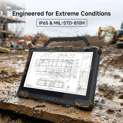 Badass Windows Rugged Tablet 14 Inch FHD 1000 Nits Sunlight Display 5G LTE Intel Core I5 16GB RAM 256G SSD IP65 Weatherproof on muddy construction site.