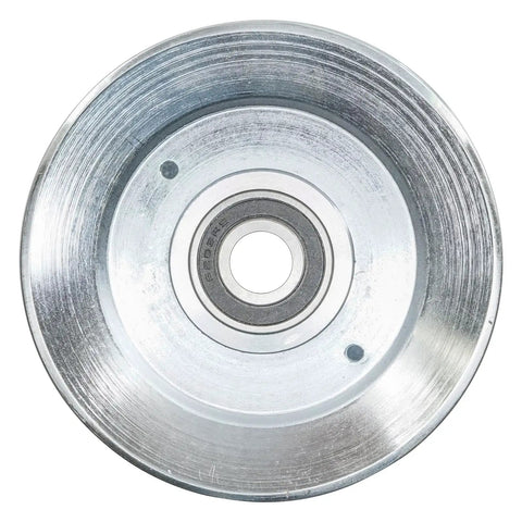 Top-Tier Universal Deck Drive Pulley Fits 42 Inch To 60 Inch Lawn Tractor Mowers As Direct Replacement For Am143388 Aftermarket Part, showing silver metal design and bearing center.