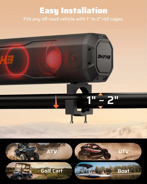 26 Inch Six Speaker UTV Sound Bar With Bluetooth And RGB And Strobe Lights For Golf Carts And ATVs shown mounted on a roll cage