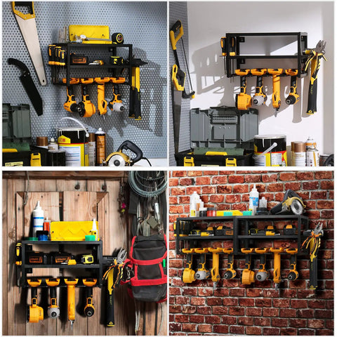 Heavy Duty 3 Layer Power Tool Organizer Wall Mount Rack For Cordless Drills And Tools 2 Pack Garage Storage Shelf in use