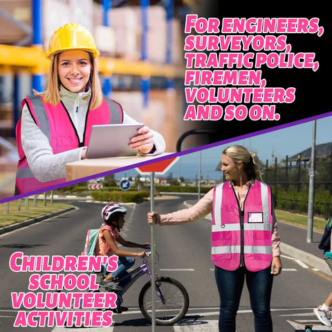 Collage of two women wearing pink hi-vis vests with text overlay for volunteer activities and professions.