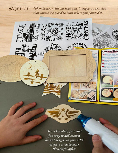 Hands using heat gun on wood plaques from Beginner Friendly Wood Burning Kit With Markers Heat Gun Wood Slices Stencils Transfer Paper Pencil And Plaques Dope Gift For Artists Crafters Diy Lovers And Teens
