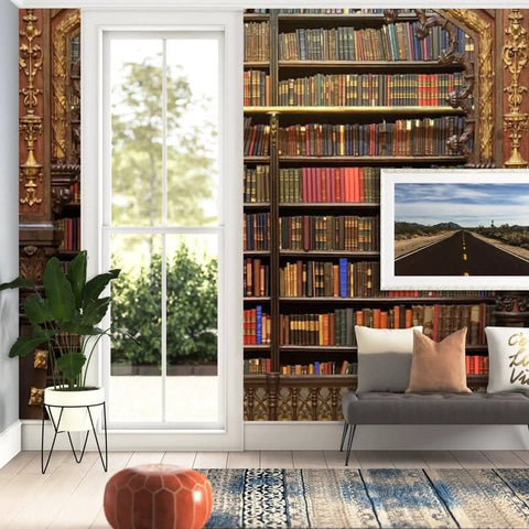 Living room with Self Adhesive Peel And Stick Wallpaper PVC Print Wall Mural Old Library Look Removable Wall Decal 254x365cm