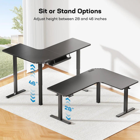 63-Inch L-Shaped Standing Desk With Built-In Power Outlets And Large Power Strip Holder, shown in sit-to-stand positions