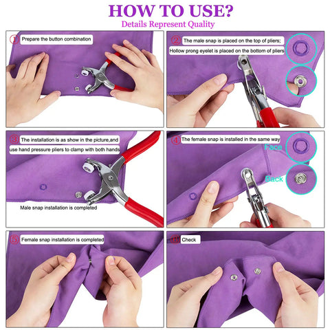 Instructions using DIY Metal Snaps Button Kit With Fastener Pliers Press Tool For Sewing And Crafting, step-by-step installation on fabric