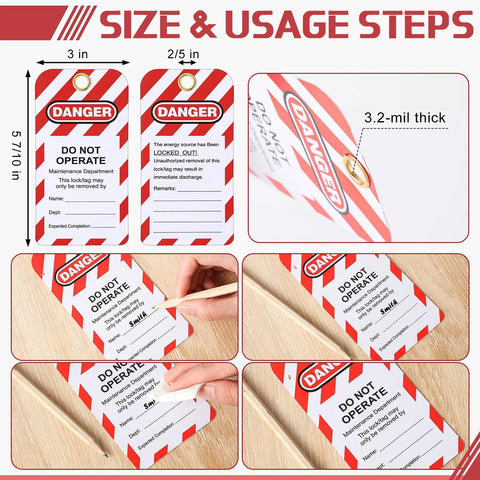 6 Set Lockout Tagout Locks Kit With 6 Red Padlocks, 2 Keys Per Lock And One Master Key, Keyed Differently, Pro Grade Safety Locks, Includes 6 Danger Do Not Operate Tagout Tags For Electrical Devices showing tag dimensions and usage steps.