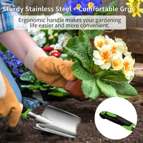 Gardener planting with Three Piece Gardening Tool Set For Everyday Gardeners Heavy Duty Kit With Dope Grip Non Slip Ergonomic Handles And Stainless Steel Trowels And Claw Rake Durable Comfortable To Use Great Gift For Women And Men Who Love Yard Work, showcasing stainless steel trowel.