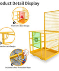 Tough As Nails Heavy Duty Forklift Man Basket And Safety Cage With 1300 Pound Capacity For Two Operators detail display showing door, lock, and safety rope design.