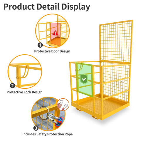 Tough As Nails Heavy Duty Forklift Man Basket And Safety Cage With 1300 Pound Capacity For Two Operators detail display showing door, lock, and safety rope design.