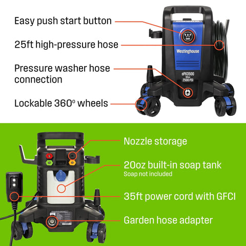 Front view of Beast Electric Pressure Washer With 2500 Max PSI And 1.76 GPM Anti Tip Tech, showing soap tank and hose connection.