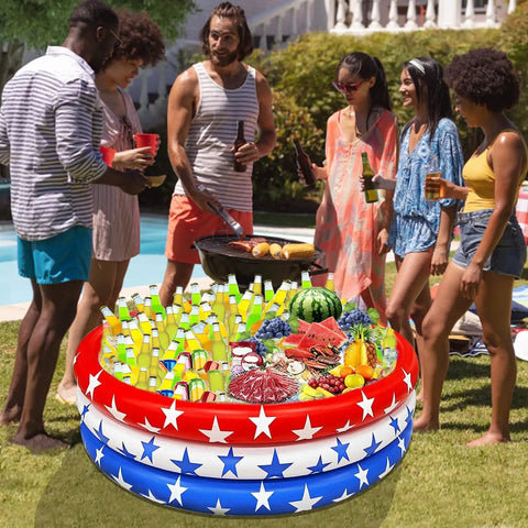 Patriotic Inflatable Cooler For Pool Parties With Big Ol 130 Plus Can Capacity, Giant Red White And Blue Flag Drink Cooler With Stars, 47 Inch Diameter, Perfect For 4th Of July Summer Pool Parties And Beach Luau Decor in use at a gathering.