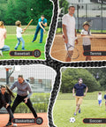 Collage showing Heavy Duty Baseball Batting Cage Net With Door For Backyard and Indoor Practice used for multiple sports.