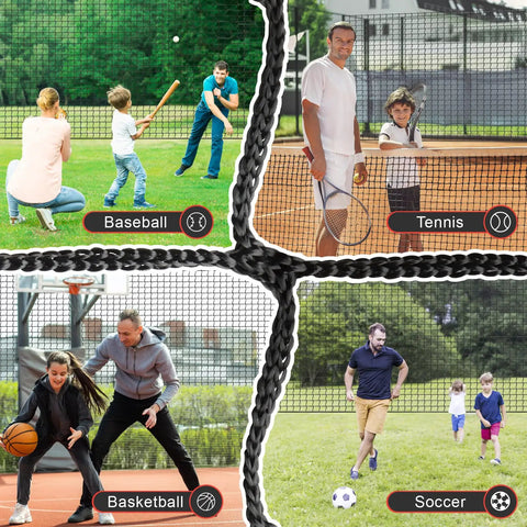 Collage showing Heavy Duty Baseball Batting Cage Net With Door For Backyard and Indoor Practice used for multiple sports.