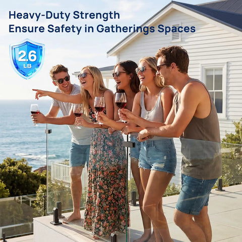 4 Pack Matte Black Glass Pool Fence Spigots SS2205 Marine Grade Built For Decks And Balconies Railing Balustrade Clamp Brackets Intertek Tested 200lb Horizontal 500lb Vertical Load installed on a deck railing with people enjoying a gathering.