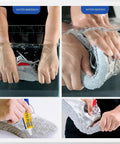 Testing water resistance and applying Dope Shoe Glue For Sole Repair Quick Dry Waterproof Adhesive Clear 60ml 45g on sneakers.