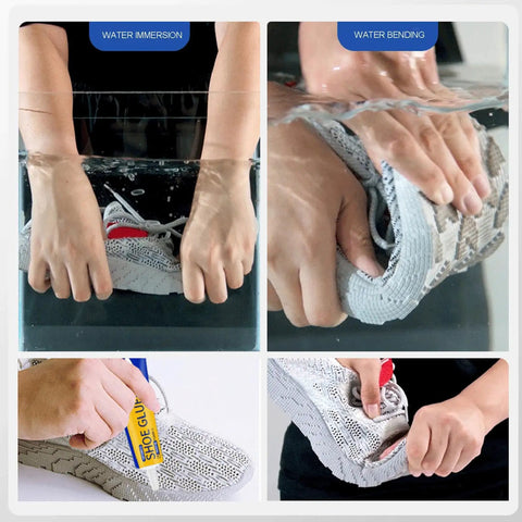 Testing water resistance and applying Dope Shoe Glue For Sole Repair Quick Dry Waterproof Adhesive Clear 60ml 45g on sneakers.
