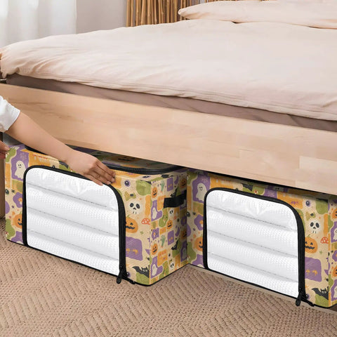 Heavy Duty Foldable Storage Bin With Large Clear Window And Dual Zipper Openings For Quick Grab Access Interior Steel Frame Keeps Structure Intact Festive Pumpkin Ghost Art Collage placed under bed for organized storage.