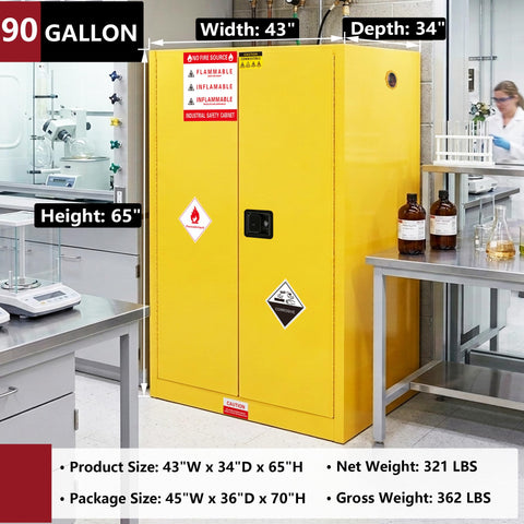 Top Rated Flammable Safety Cabinet With Double Doors, Solid ColdRolled Steel Chemical Storage Locker, Osha Compliant yellow 43"W x 34"D x 65"H.