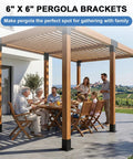 Family dining under pergola using Heavy Duty Gazebo Brackets Kit For Outdoor Pergolas DIY Rust Proof Hardware With 3 Way And 4 Way Corner Brackets Screws Included For Patio Backyard And Log Cabin Tough And Weather Ready.
