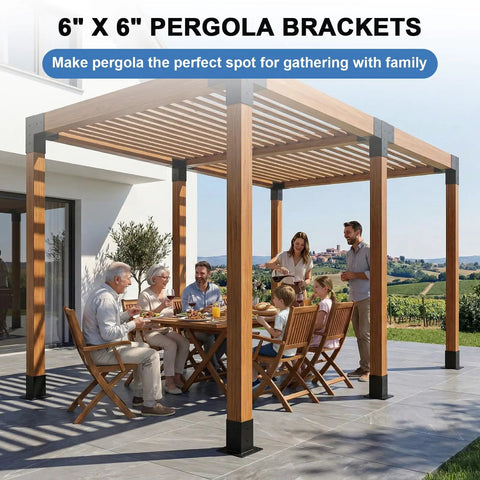 Family dining under pergola using Heavy Duty Gazebo Brackets Kit For Outdoor Pergolas DIY Rust Proof Hardware With 3 Way And 4 Way Corner Brackets Screws Included For Patio Backyard And Log Cabin Tough And Weather Ready.