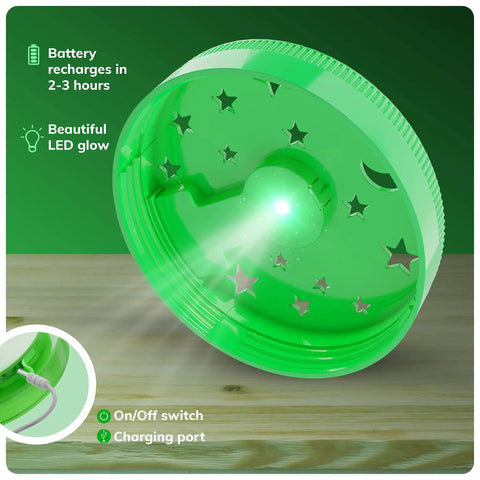 Green LED lid for Light Up Terrarium Kit for Kids, features star cutouts, on/off switch and charging port, beautiful glow.
