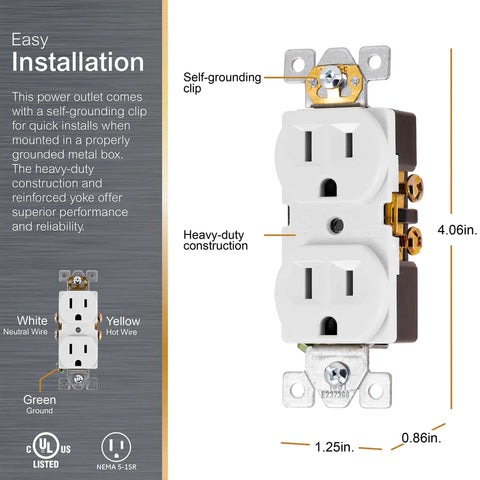 UltraPro Duplex Heavy Duty Wall Outlet With Reinforced Yoke And Self Grounding Clip 3 Prong 15A White UL Listed Receptacle
