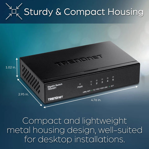 Gigabit Desktop Switch With Five RJ45 Ports For Fast Home Or Office Network, Silent Fanless Metal Enclosure, Sturdy Compact Design