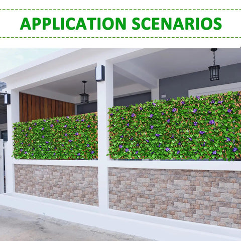 Expandable Fence Privacy Screen For Balcony And Patio Outdoor With Decorative Faux Ivy Fencing Panel And Artificial Hedges In A Natural Willow Look With Purple Flower installed on a patio wall