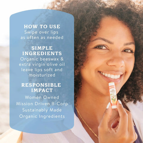 Woman using Must Have Organic Lip Balm Gift Set Four Flavor Pack Featuring Tangerine Lavender Orange Vanilla Grapefruit