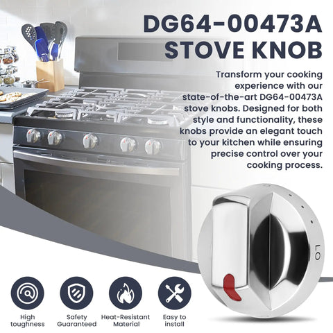 Upgraded DG64-00473A Burner Stove Knob Set For Samsung Gas Range Ovens, stainless steel knob on a modern gas range