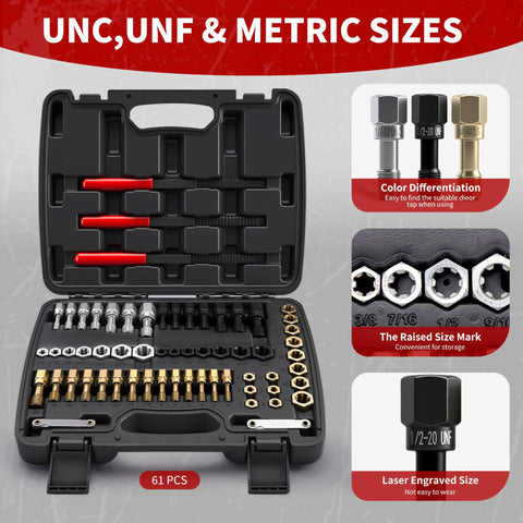 61-Piece Thread Chaser Set For Metric And SAE Threads With Pitch Gauge Complete Thread Repair Kit in black case with tools
