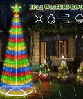 Colorful LED garden lights illuminating a yard in rain, showing IP44 waterproof protection. Solar Garden Lights 105 LED Decorative Pole Outdoor Lighting Kit.