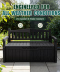 80 Gallon Lockable Storage Bench Deck Box For Patio Furniture And Outdoor Gear, black bench on patio with weather-resistant design