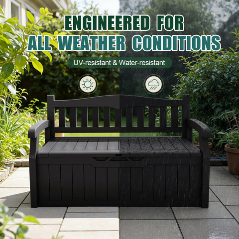 80 Gallon Lockable Storage Bench Deck Box For Patio Furniture And Outdoor Gear, black bench on patio with weather-resistant design