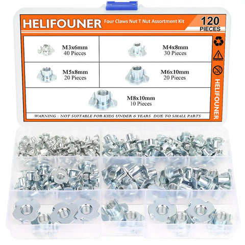 Premium Heavy Duty Zinc Plated Carbon Steel T Nuts Assortment Kit 120 Piece Set with various sizes for woodworking projects.