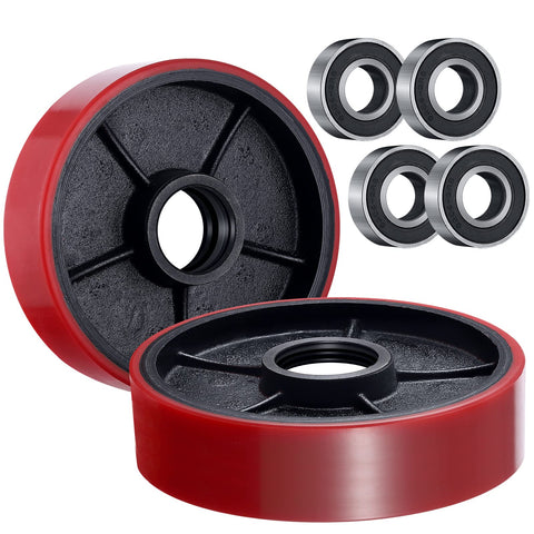 Heavy Duty Red Poly Tread Pallet Jack Steering Wheels Set 7 Inch By 2 Inch 20mm ID Bearings With Sealed 6204 Bearings Replacement