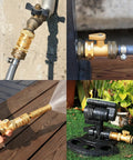 Brass Garden Hose Quick Connect Set With Shutoff Valve, Three Quarter Inch Fittings shown with nozzles and sprinklers in use