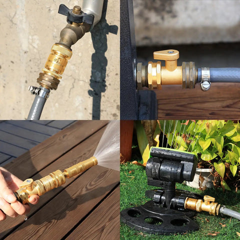 Brass Garden Hose Quick Connect Set With Shutoff Valve, Three Quarter Inch Fittings shown with nozzles and sprinklers in use