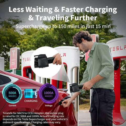 Nacs To Ccs1 Adapter for Tesla Supercharger being connected, supporting 250kW charging for electric vehicles.