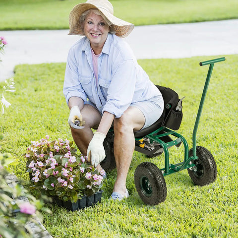 Woman using Rolling Garden Seat With Wheels, 360 Degree Swivel, Height Adjustable Work Stool, Removable Cushion in garden