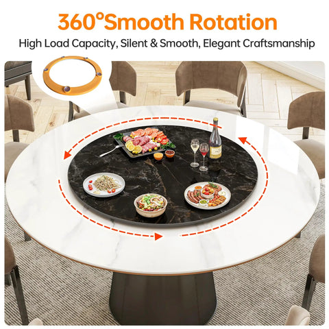 Smooth Operator 35.5 Inch Lazy Susan Turntable With Grip Tight Non Slip Base, glossy black tray on white table displaying dishes.