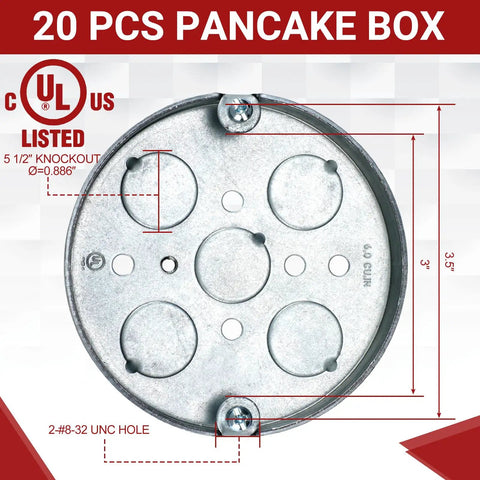 20 Pack 4 Inch Round Shallow Electrical Boxes With Half Deep And Half Bottom Knockouts Galvanized Steel Pancake Box For Ceiling Fans And Lighting Fixtures, Great For Diyers with cULus listing and knockout dimensions.