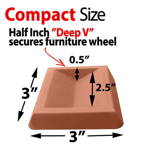 Side view of Universal Bed Wheel Stopper, 3x3 inch rubber non-slip pad with deep V design for furniture casters.