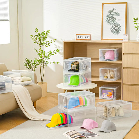 Sleek Stackable Clear Hat Organizer Two Pack With Smooth Glide Drawers Holds A Dozen Baseball Caps Each For Your Streetwise Headgear Vault And Game Day Ready Setup in a tidy living room