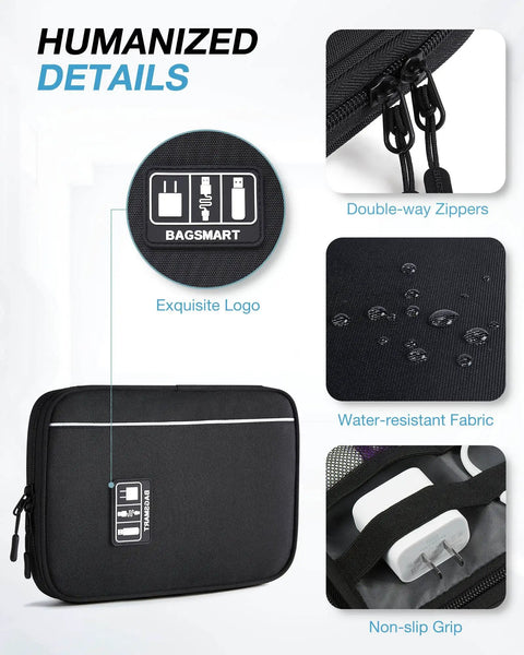 Travel Ready Electronics Organizer Case For Cords And Tech Gear, Handy Bag with zippers, water-resistant black fabric