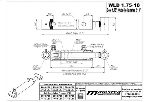 Diagram of a 1.75 Inch Bore 18 Inch Stroke Welded Hydraulic Cylinder With Cross Tube Ends for Loader at 3500 PSI, technical specifications shown.