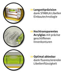 Infographic showing features of Magnetic Level With Holster 81S10MH, highlighting precision, acrylic glass, and readability qualities.
